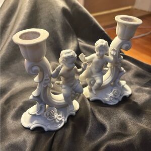 Antique rare ISCO Cherub bisque porcelain candle holders Germany
